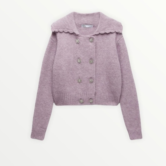 ZARA Lilac Lavender Rhinestone Button Front Sweater, Size Medium - Picture 3 of 10